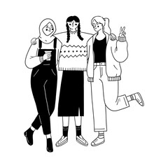 Happy diverse friends group posing for photo vector illustration for youth friendship and togetherness. Three women girls cheerful doodle line art monochrome style social people