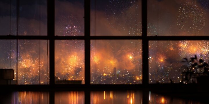 Colorful fireworks exploding over city skyline viewed through rainy window panes in dark room at night. Spectacular New Year celebration, magical festive midnight vibe from cozy indoors.