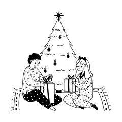 Children sitting in pajamas opening Christmas presents near tree vector illustration for holiday morning. Kids excited to unwrap gifts doodle line art monochrome style