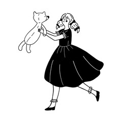 Child girl playing with teddy bear toy as present vector illustration for happy childhood and fun moment. Kid smiles holding Christmas or Birthday gift doodle line art monochrome style