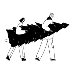 Couple carrying large Christmas tree together vector illustration for holiday preparation and winter tradition. People move tree doodle line art monochrome style festive shopping