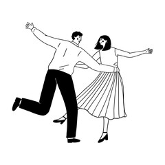 Couple dancing together with arms wide open vector illustration for celebration and happy movement. Two people enjoying dance doodle line art monochrome style party event