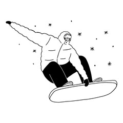 Man jumping on snowboard vector illustration for winter sports action and snow recreation activity. Person enjoys extreme winter sport doodle line art monochrome style