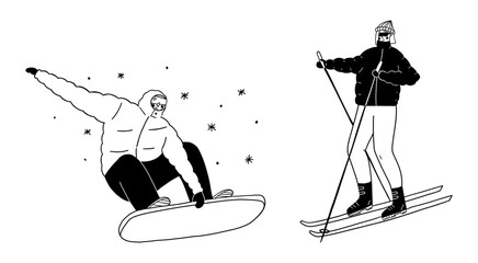 Set of people snowboarding and skiing vector illustration for winter sports activity and cold weather fun. Man and woman enjoying snow doodle line art monochrome style