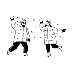 Boy and girl having a snowball fight vector illustration for happy winter fun and cold weather activity. Children throwing snowballs doodle line art monochrome style cheerful game