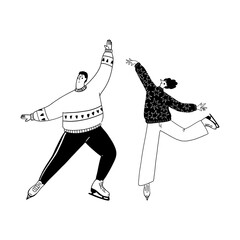 Man and woman ice skating together vector illustration for winter sports activity and holiday fun. Couple figure skating doodle line art monochrome style cheerful recreation