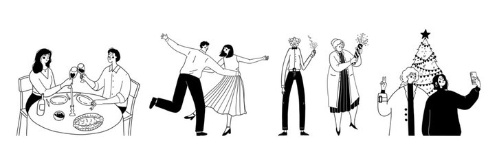 Set of people celebrating holiday events including dinner dancing and New Year party vector illustration. Group celebrates Christmas and New Year doodle line art monochrome sty