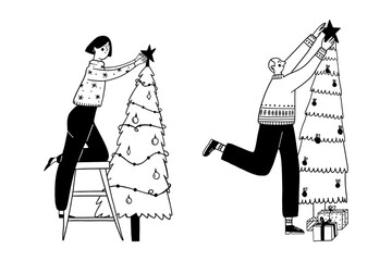 Set of people decorating Christmas trees putting star on top vector illustration for holiday preparation. Man and woman festive activity doodle line art monochrome style