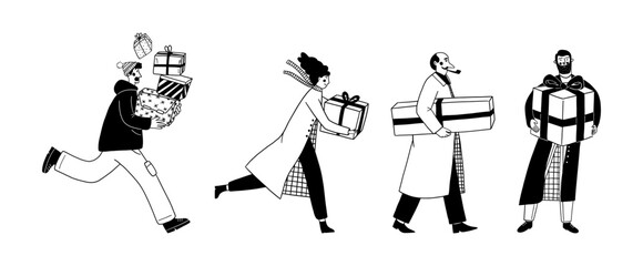 Set of people running walking and standing holding gifts vector illustration for holiday shopping and celebration. Characters delivering presents doodle line art monochrome style