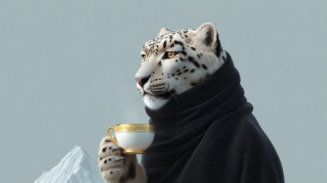 Snow leopard in a robe enjoying a cup of tea with an icy mountain backdrop. A serene portrait capturing a moment of relaxation and warmth.