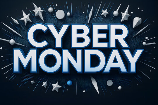 Promotional text in white and blue on dark background, perfect for Cyber Monday deals, online sales, and marketing campaigns - Powered by Adobe