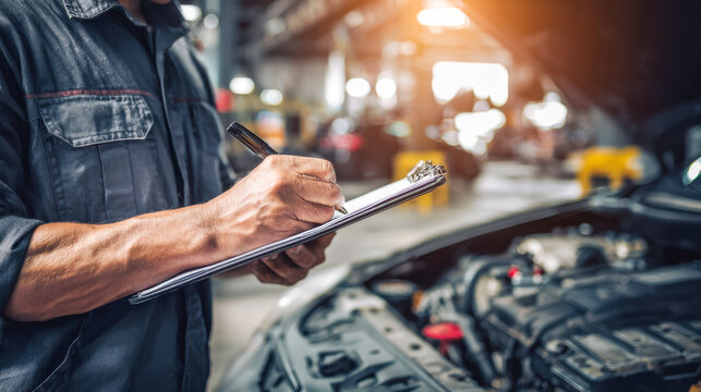 Auto mechanic inspecting engine details on clipboard in a workshop