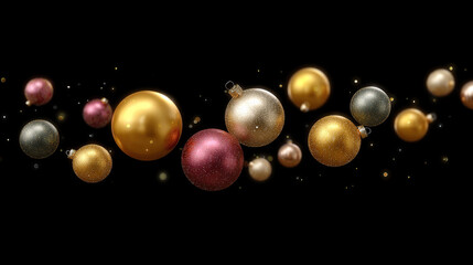 Holiday cheer is conveyed through floating ornaments in gold, silver, rose, and dark gray, sprinkled with shimmering golden particles against a dark background.
