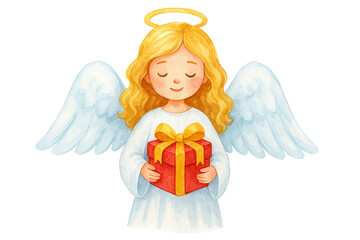 Watercolor Blonde Angel Girl Holding Gift
