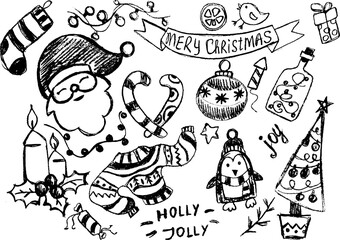 hand-drawn Merry Christmas doodles with Santa, reindeer, penguin, candy cane, baubles, and Christmas tree