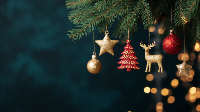 Several christmas ornaments hanging from a lush, dark green pine branch , golden reindeer, a red christmas tree shape with , gold bauble, sparkling red bauble,
celebratory holiday atmosphere.