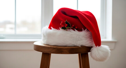Obraz premium Santa Claus hat: Red Christmas hat placed on wooden stool by window indoors 