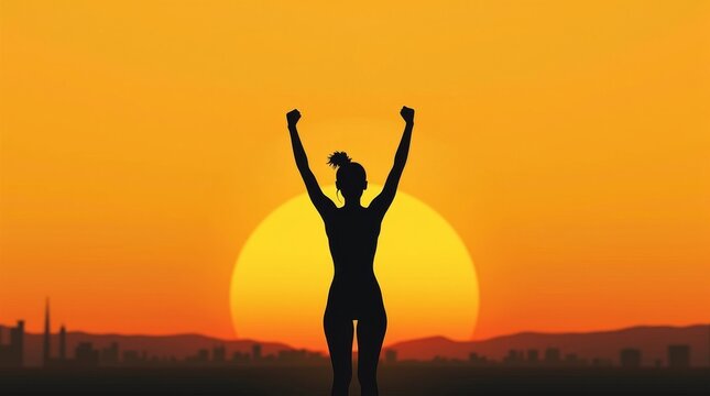 Silhouette of a woman celebrating success against a vibrant sunset backdrop