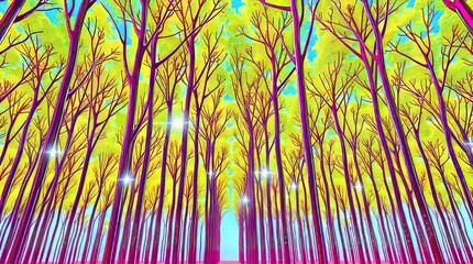 Vibrant forest canopy with tall trees reaching towards the sky in yellow and blue