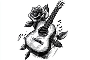 A vintage acoustic guitar entwined with a blooming rose and flowing musical notes