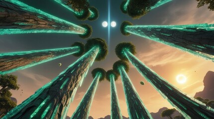 Alien trees reaching towards the sky, creating a surreal and enchanting scene