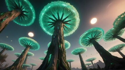 A mesmerizing view of glowing mushroom trees under a twilight sky, fantasy landscape