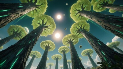 A low angle view of tall trees reaching towards the sky, alien planet landscape
