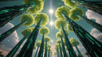 A low angle view of tall trees reaching towards the sky, alien planet landscape