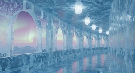 Ice castle corridor with aurora borealis in the background and light bulbs on top