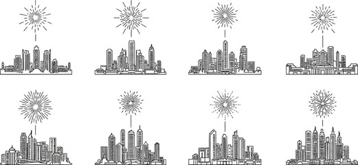 Hand drawn city skyline with fireworks, a detailed vector illustration of urban landscape with celebratory display
