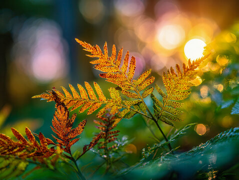 Vibrant autumn fern leaves illuminated by golden sunlight with a colorful bokeh background creating a warm and tranquil forest atmosphere in nature
