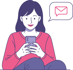 A woman using her smartphone to send and receive messages, with a speech bubble containing an envelope icon