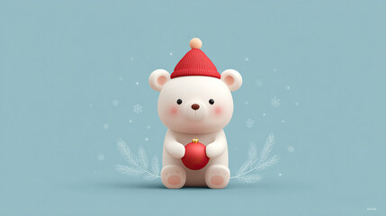 A charming polar bear donned in a red beanie, sweetly clutches a red ornament, set against a frosty backdrop of snowflakes & pine needles.