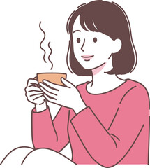 A serene woman enjoys a warm beverage, creating a moment of relaxation and comfort, perfect for a peaceful break