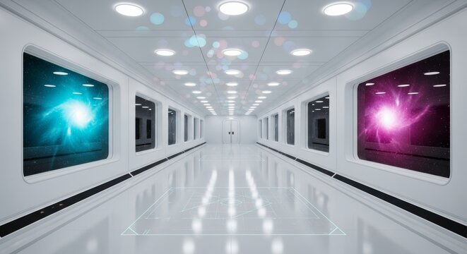 Futuristic spaceship interior with white walls and windows to outer space