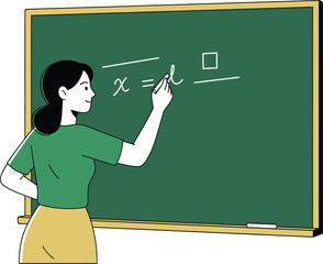 A teacher is writing math equations on the blackboard in the classroom