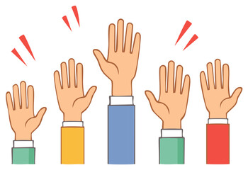 Obraz premium Illustration of Five Hands Raised in Question with Expressions of Interest and Colorful Sleeves