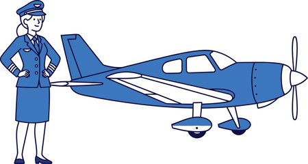 A female pilot in uniform stands next to a small airplane, the plane is blue and white, and the pilot is smiling