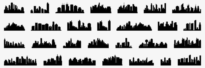 Set of black city skyline. Town skyline landscape. City panorama silhouette collection. Urban cityscape silhouettes. Skyline urban borders in black. Set of silhouette of big city skyline