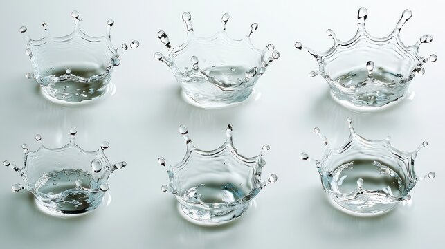Droplet collision crown formations multiple water droplets creating symmetrical splash patterns liquid surface clean white background professional macro photography