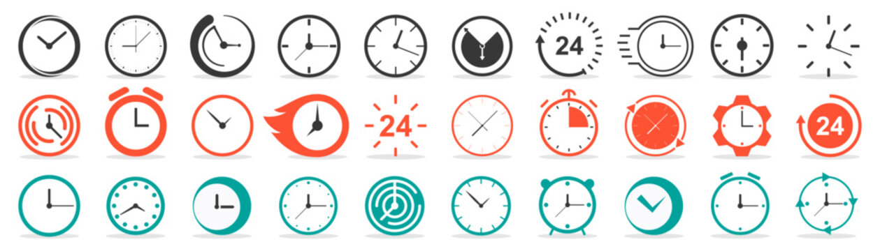 Colorful clock and alarm icons in modern flat style. Illustrations symbolize time, deadline, and schedule