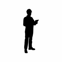 Industrial inspector silhouette with tablet recording observations isolated on white background