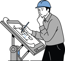 An architect is working on a blueprint, wearing a hard hat, thinking about the design and construction of a building, with a pen in hand
