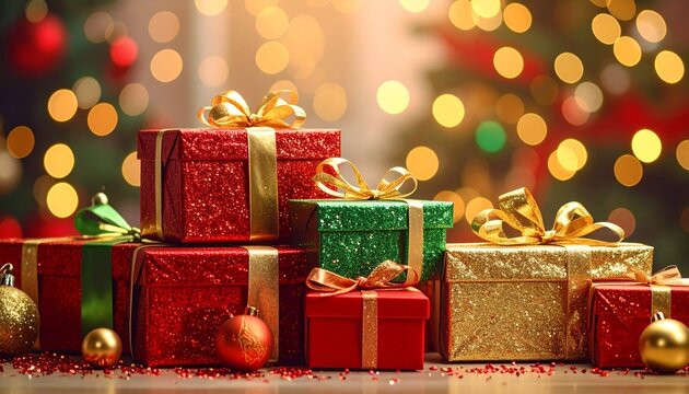 반짝이는 리본과 글리터 포장지로 꾸민 크리스마스 선물 상자들의 따뜻한 축제 장면 Glittering Christmas gift boxes with ribbons in warm festive lighting