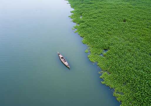 Serene aerial view of a lone canoe navigating a lush green riverbank ecosystem