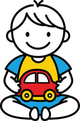 A delightful baby is sitting crosslegged, clutching a toy car with glee, his innocent eyes sparkling with wonder and the simple joys of early development