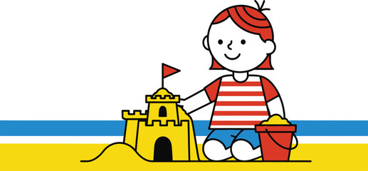 A girl is building a sandcastle on the beach, enjoying a sunny day by the sea, with a bucket, creating a fun and memorable summer vacation