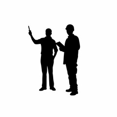 Silhouette of inspector guiding crane operator with hand signals isolated on white background