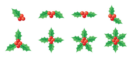 christmas holly leaf and red berry icon set for winter holiday decoration and festive seasonal design