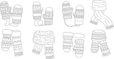 Handdrawn outline of winter accessories mittens, gloves, and scarves in various designs for coloring books or patterns